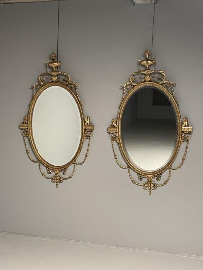  Friedman Brothers Pair of English Regency Style Gilt Wood Oval Mirror Wall Console Over Mantle