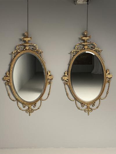  Friedman Brothers Pair of English Regency Style Gilt Wood Oval Mirror Wall Console Over Mantle