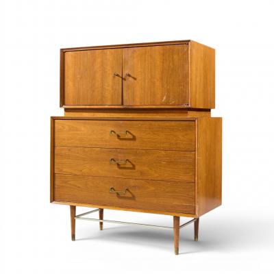  Furnette Inc Paul McCobb Style Furnette Mid Century Walnut and Brass Highboy Dresser