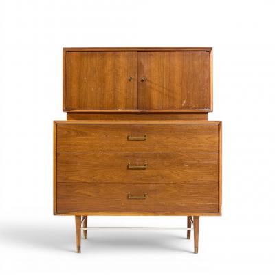  Furnette Inc Paul McCobb Style Furnette Mid Century Walnut and Brass Highboy Dresser