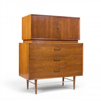  Furnette Inc Paul McCobb Style Furnette Mid Century Walnut and Brass Highboy Dresser