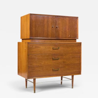  Furnette Inc Paul McCobb Style Furnette Mid Century Walnut and Brass Highboy Dresser