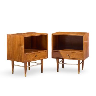  Furnette Inc Paul McCobb Style Furnette Mid Century Walnut and Brass Nightstands Pair