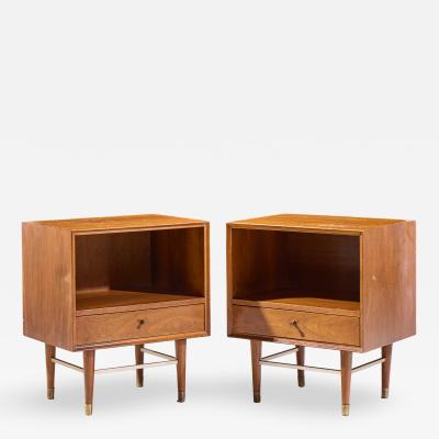  Furnette Inc Paul McCobb Style Furnette Mid Century Walnut and Brass Nightstands Pair