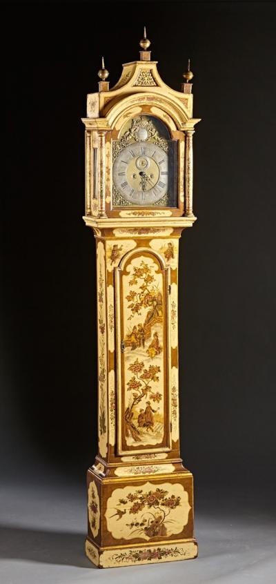  G Sergeant Antiques White Lacquered Chinoiserie Tall Clock Robert Player London active 1700 1740 