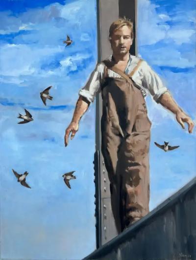  Geiler Gonzalez Cuban American Artist Geiler Gonzalez Painting on Canvas Man on NYC Beam 