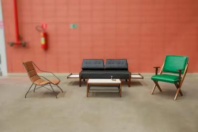  Gelli Ind stria de M veis Mid Century Modern Loveseat in Hardwood and Leather by Gelli Brazil 1960s