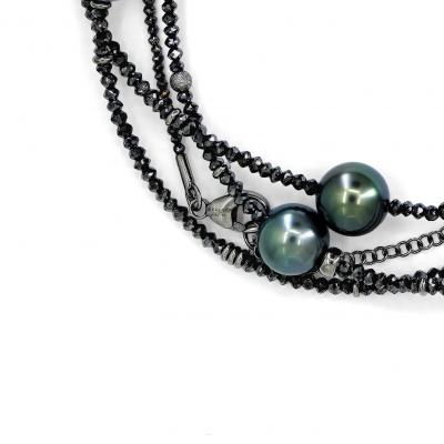  Gellner Round Tahitian Pearl Black White Diamond 18k Gold Long Necklace Gellner 2024