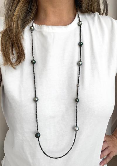  Gellner Round Tahitian Pearl Black White Diamond 18k Gold Long Necklace Gellner 2024