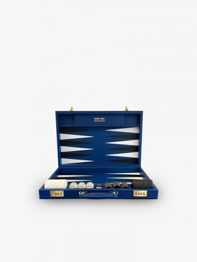  Geoffrey Parker COBALT BLUE AND BLACK LEATHER BACKGAMMON BOARD