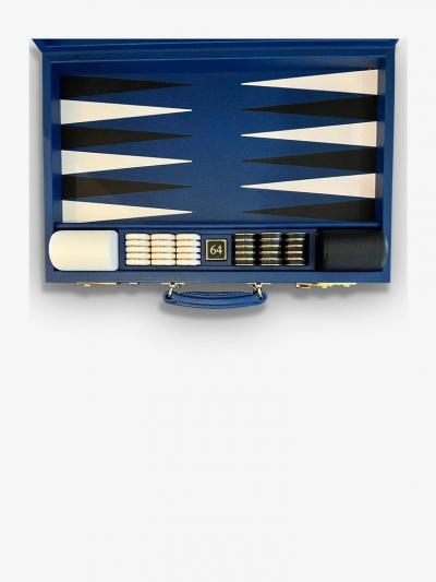  Geoffrey Parker COBALT BLUE AND BLACK LEATHER BACKGAMMON BOARD