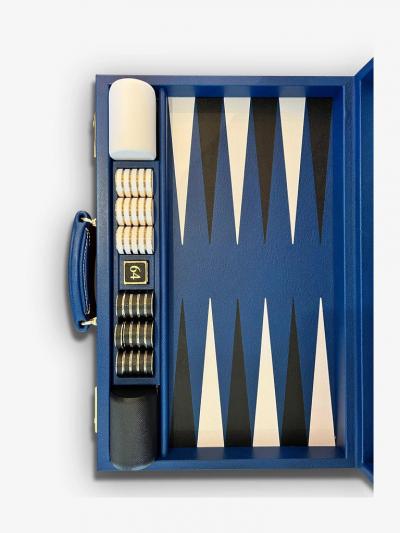  Geoffrey Parker COBALT BLUE AND BLACK LEATHER BACKGAMMON BOARD