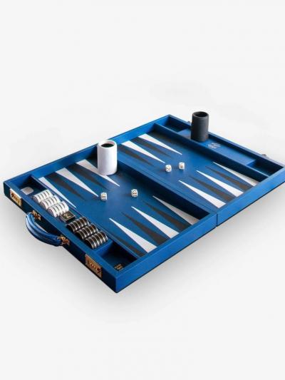  Geoffrey Parker COBALT BLUE AND BLACK LEATHER BACKGAMMON BOARD