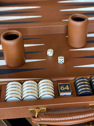  Geoffrey Parker ESPRESSO LEATHER CHALLENGE BACKGAMMON BOARD WITH ESPRESSO FIELD
