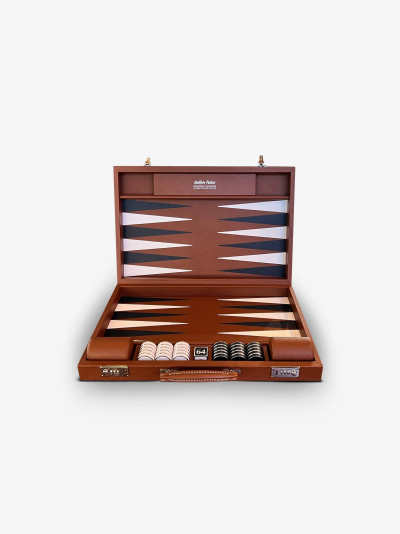  Geoffrey Parker ESPRESSO LEATHER CHALLENGE BACKGAMMON BOARD WITH ESPRESSO FIELD
