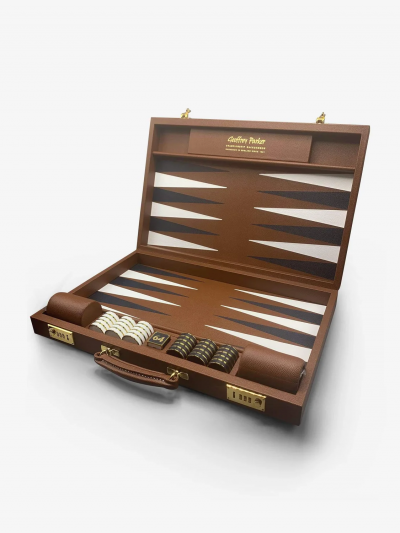  Geoffrey Parker ESPRESSO LEATHER CHALLENGE BACKGAMMON BOARD WITH ESPRESSO FIELD