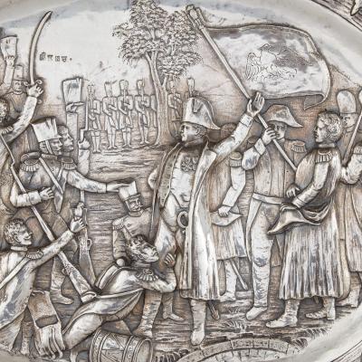  Georg Roth Co Oval shaped silver tray by Georg Roth Co embossed with a Napoleonic scene