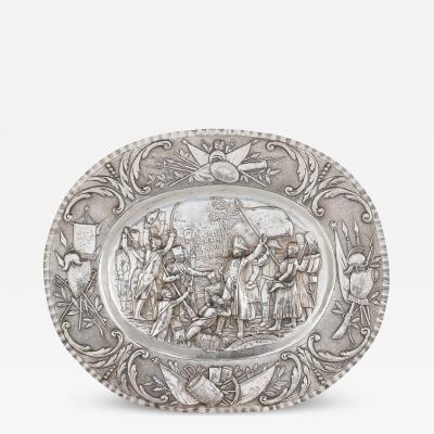  Georg Roth Co Oval shaped silver tray by Georg Roth Co embossed with a Napoleonic scene