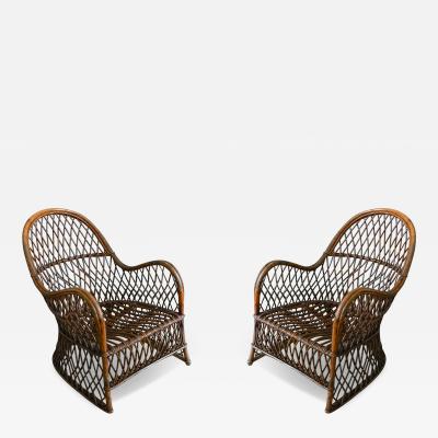  Gervasoni Pair Of Dark Finish Curved And Woven Bamboo Armchairs Attributed To Gervasoni