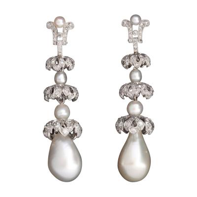  Ghis Art Deco Natural Pearl Diamond Earrings in Platinum by Ghiso