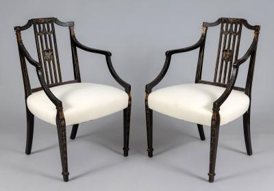  Gillows of Lancaster London Antique Pair George III Painted Open Armchairs