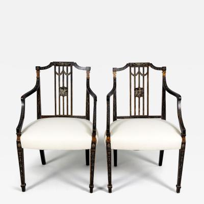  Gillows of Lancaster London Antique Pair George III Painted Open Armchairs