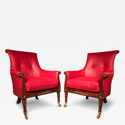  Gillows of Lancaster London Pair of Regency Mahogany Library Armchairs Attributed to Gillows