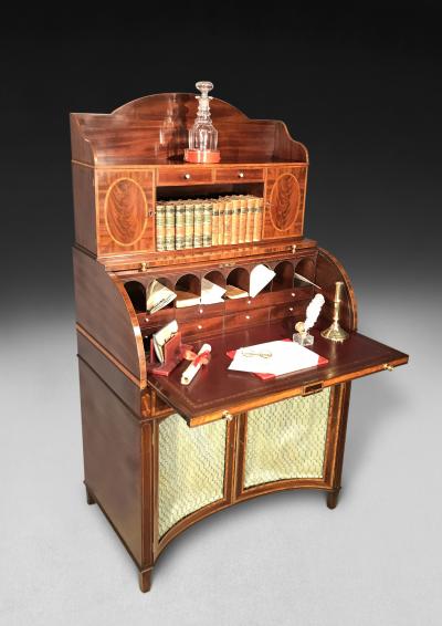  Gillows of Lancaster London Satinwood Inlaid Mahogany Cylindrical Writing Desk