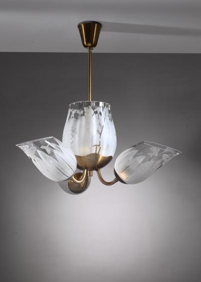  Gl ssner Glossner three armed brass and glass chandelier