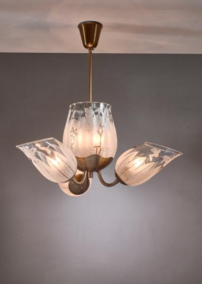  Gl ssner Glossner three armed brass and glass chandelier
