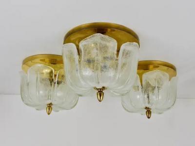  Glash tte Limburg Limburg Mid Century Brass Glass Flush Mount Ceiling Lamp Germany 1970s