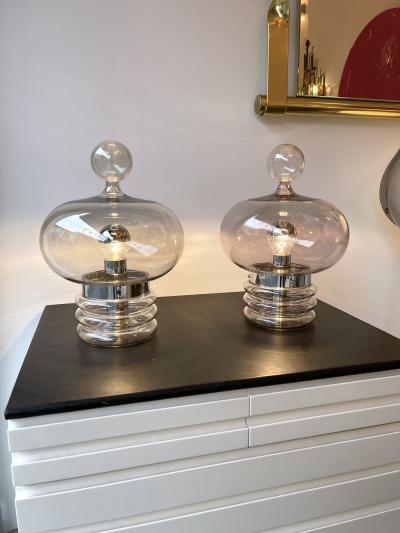  Glash tte Limburg Pair of Gray Smoke Glass and Metal Lamps by Glash tte Limburg Germany 1970s