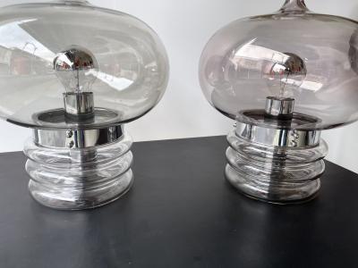  Glash tte Limburg Pair of Gray Smoke Glass and Metal Lamps by Glash tte Limburg Germany 1970s