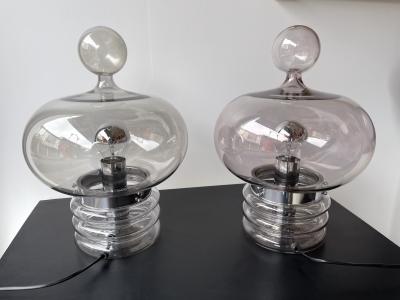  Glash tte Limburg Pair of Gray Smoke Glass and Metal Lamps by Glash tte Limburg Germany 1970s
