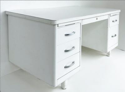  Globe Wernicke Globe Wernicke Style Mid Century Modern White Steel Tanker Desk w Formica Top