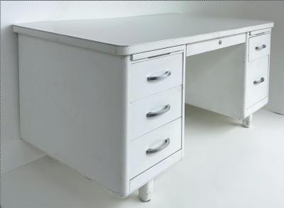  Globe Wernicke Globe Wernicke Style Mid Century Modern White Steel Tanker Desk w Formica Top