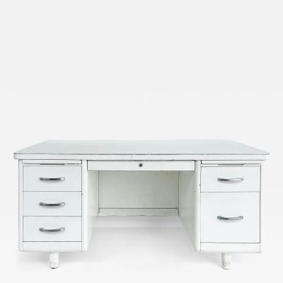  Globe Wernicke Globe Wernicke Style Mid Century Modern White Steel Tanker Desk w Formica Top