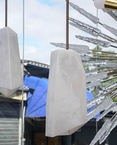  Glustin Luminaires Glustin Luminaires Creation Brass and Alabaster Asymmetrical Suspensions