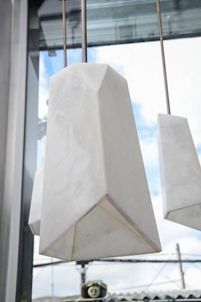  Glustin Luminaires Glustin Luminaires Creation Brass and Alabaster Asymmetrical Suspensions