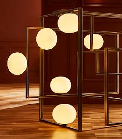  Glustin Luminaires Glustin Luminaires Creation Rectangular Chandelier in Brass and Glass Globes