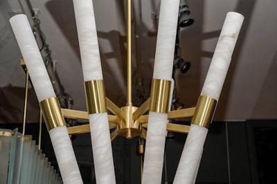  Glustin Luminaires Glustin Luminaires Creation Satin Brass and Tilted Alabaster Rods Chandelier