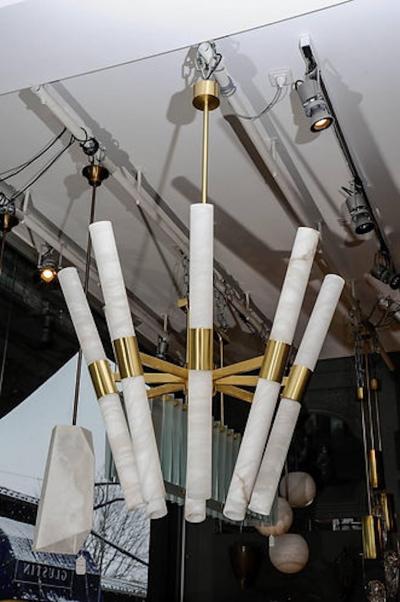  Glustin Luminaires Glustin Luminaires Creation Satin Brass and Tilted Alabaster Rods Chandelier