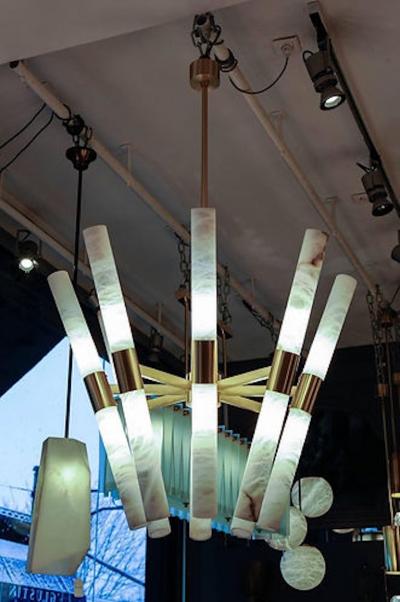  Glustin Luminaires Glustin Luminaires Creation Satin Brass and Tilted Alabaster Rods Chandelier