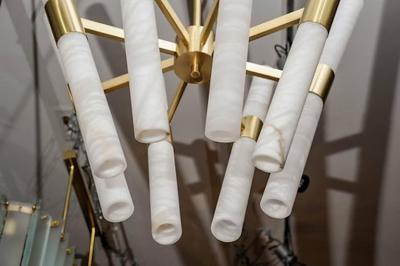  Glustin Luminaires Glustin Luminaires Creation Satin Brass and Tilted Alabaster Rods Chandelier