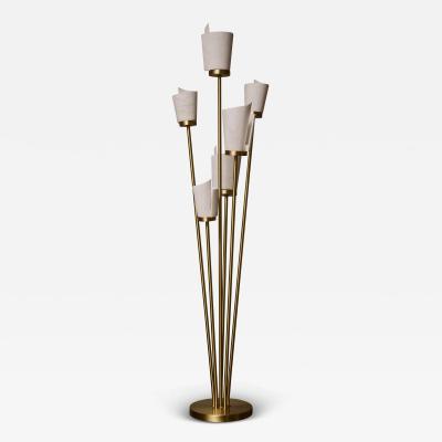  Glustin Luminaires Satinated Brass and Alabaster Spiral Shades Six Arms of Light Floor Lamp
