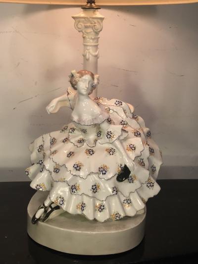  Goldscheider of Vienna EXCEPTIONAL GOLDSCHEIDER FANCY DRESSED WOMAN WITH MASQUERADE MASK IN CHAIR LAMP