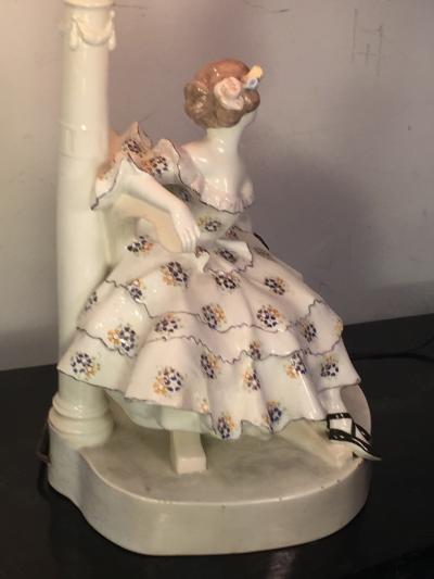  Goldscheider of Vienna EXCEPTIONAL GOLDSCHEIDER FANCY DRESSED WOMAN WITH MASQUERADE MASK IN CHAIR LAMP