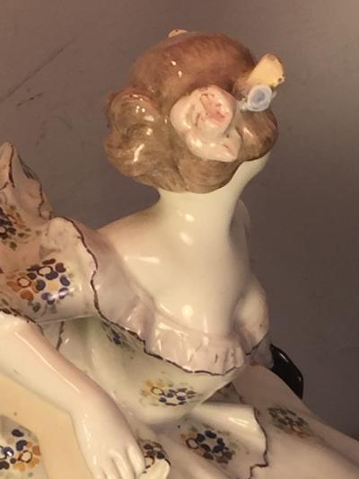  Goldscheider of Vienna EXCEPTIONAL GOLDSCHEIDER FANCY DRESSED WOMAN WITH MASQUERADE MASK IN CHAIR LAMP