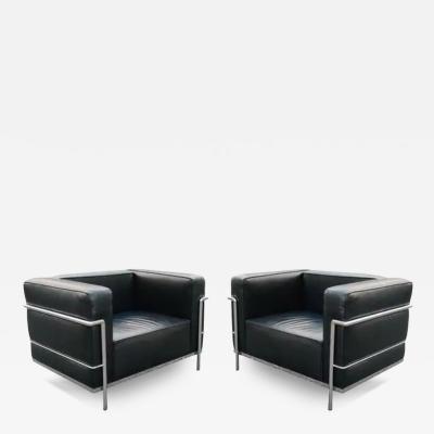  Gordon International Pair of Gordon International Black Leather Chromed Steel Club or Lounge Chairs