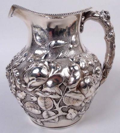  Gorham Manufacturing Co Antique Gorham Victorian Water Pitcher with Floral Repousse 1887